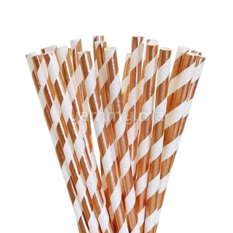 25 Pailles Papier pour Cake Pops Rayées Blanc & Cuivre