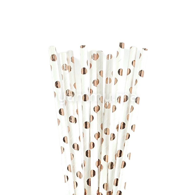 25 Pailles Papier pour Cake Pops Blanc avec Cercles Cuivre