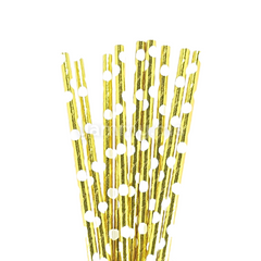 25 Pailles Papier pour Cake Pops Or avec Cercles Blanc