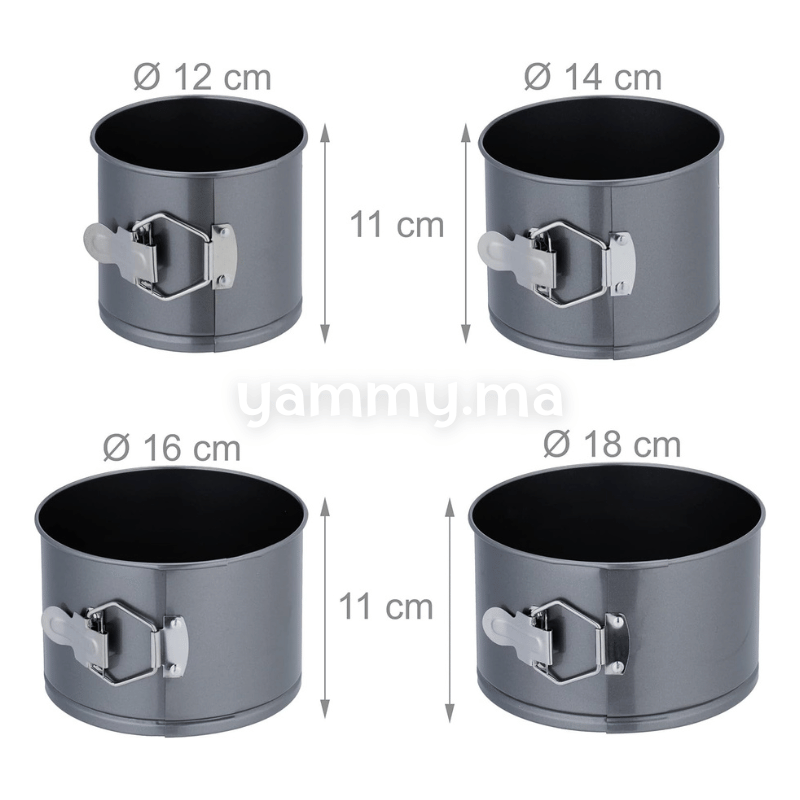 Ens. de 4 Moules à Charnière Rond 12/14/16/18*H 10.5 cm Ens. de 4 Moules à Charnière Rond 12/14/16/18*H 10.5 cm