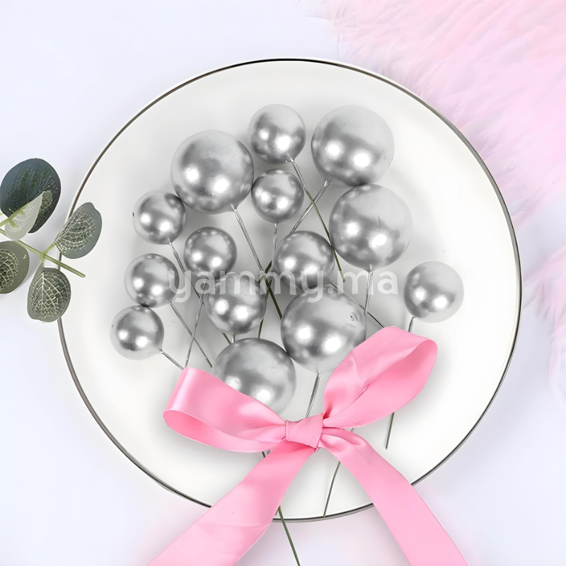 SET. 20 Décorations de Gâteau en Forme de Boules Argent
