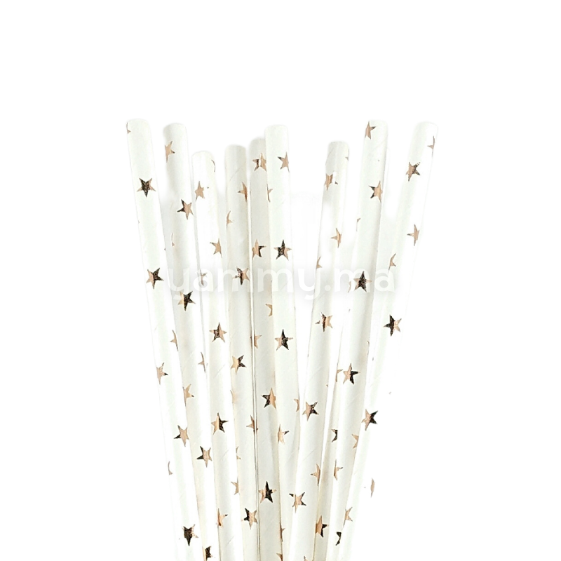 25 Pailles Papier pour Cake Pops Blanc avec Étoiles Cuivres