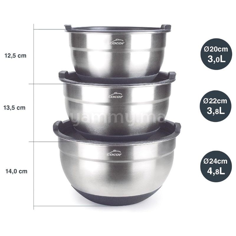 SET. 3 Bols et Bassines en Inox avec Couvercles 20-22-24 cm - Lacor 60051
