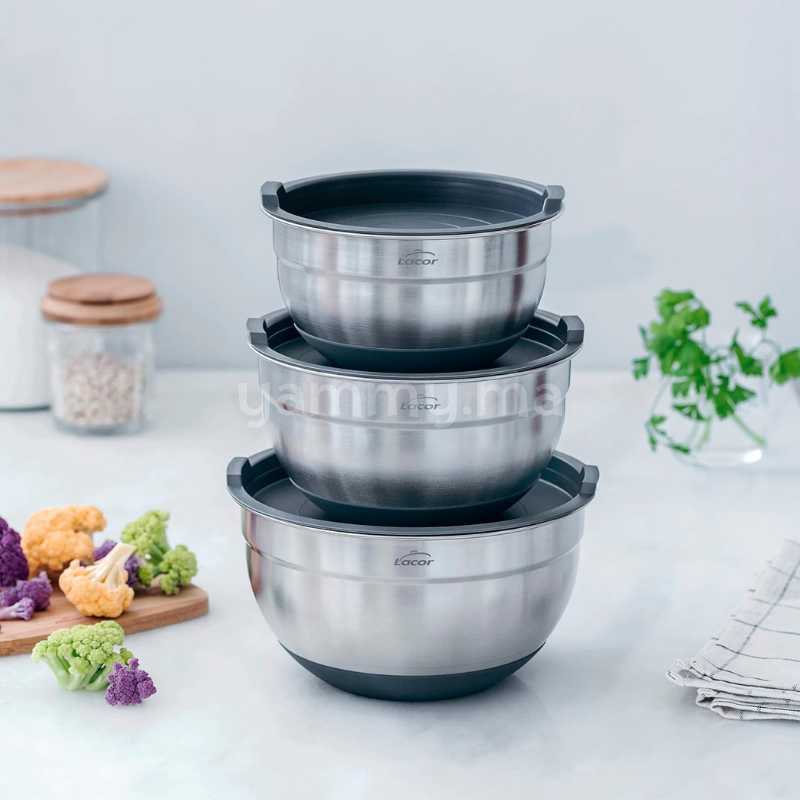 SET. 3 Bols et Bassines en Inox avec Couvercles 20-22-24 cm - Lacor 60051
