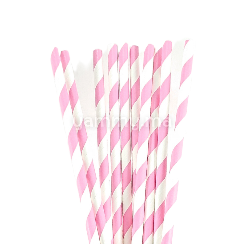 25 Pailles Papier pour Cake Pops Rayées Rose & Blanc