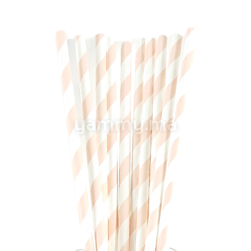25 Pailles Papier pour Cake Pops Rayées Blanc & Rose Chair