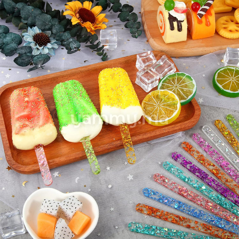 10 bâtonnets de glace en acrylique à paillettes réutilisables Or 11.5 CM