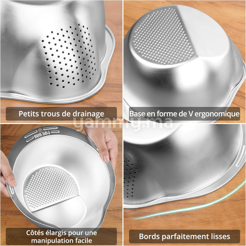 Bol et Passoire de Lavage de Riz et Légumes en Inox Ø 24 cm