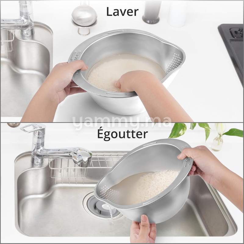 Bol et Passoire de Lavage de Riz et Légumes en Inox Ø 24 cm