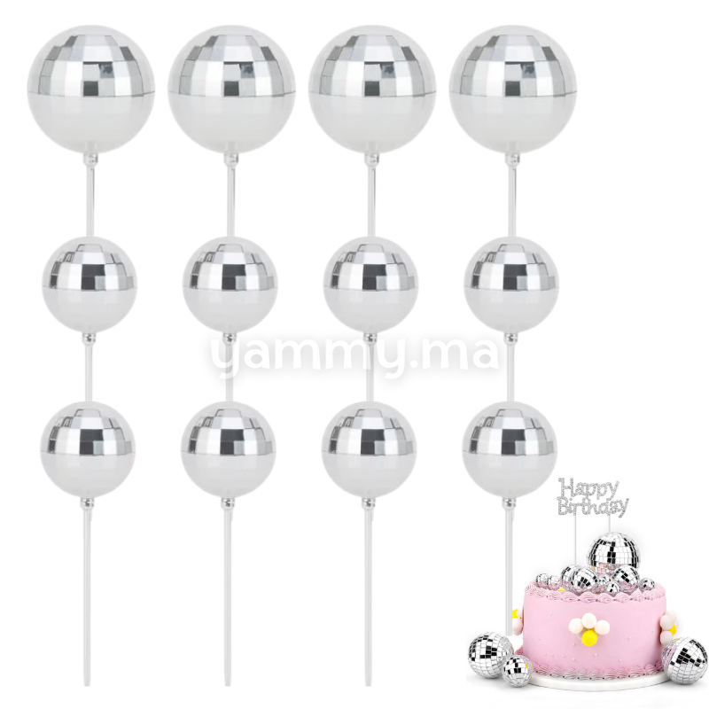SET. 12 Décorations de Gâteau en Forme de Boules Disco Argent