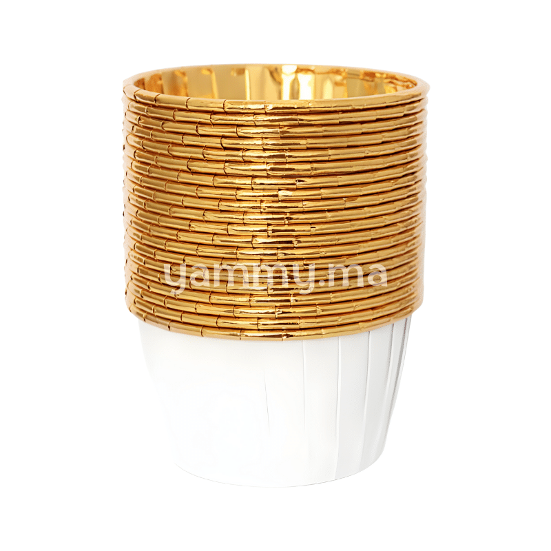 SET. 20 Caissettes Cupcake Muffins en Papier Aluminium Blanc / Or
