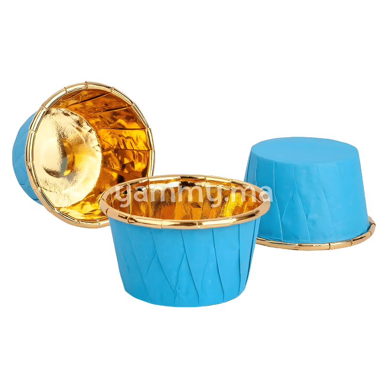 SET. 20 Caissettes Cupcake Muffins en Papier Aluminium Bleu / Or