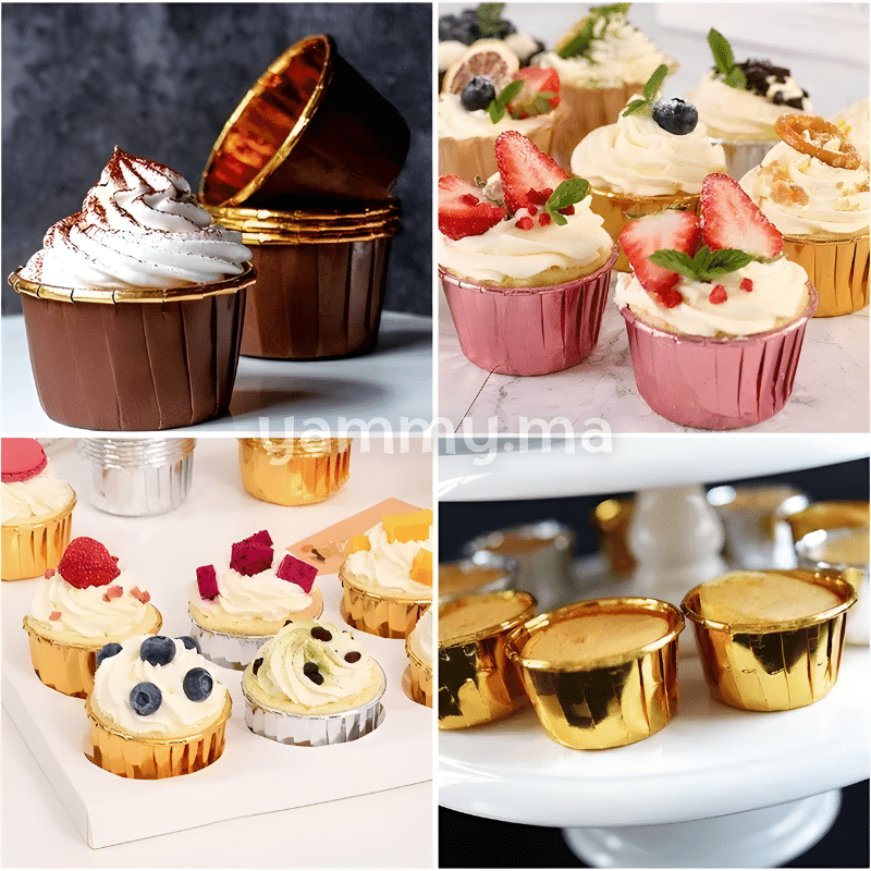 SET. 20 Caissettes Cupcake Muffins en Papier Aluminium Rose / Or