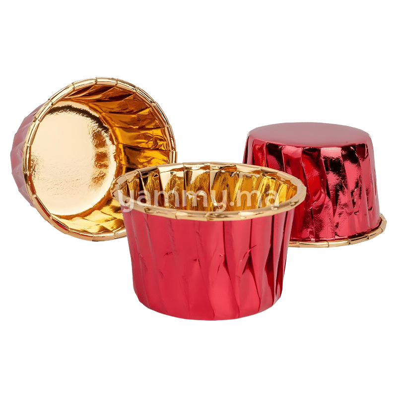 SET. 20 Caissettes Cupcake Muffins en Papier Aluminium Métalisé Rouge / Or
