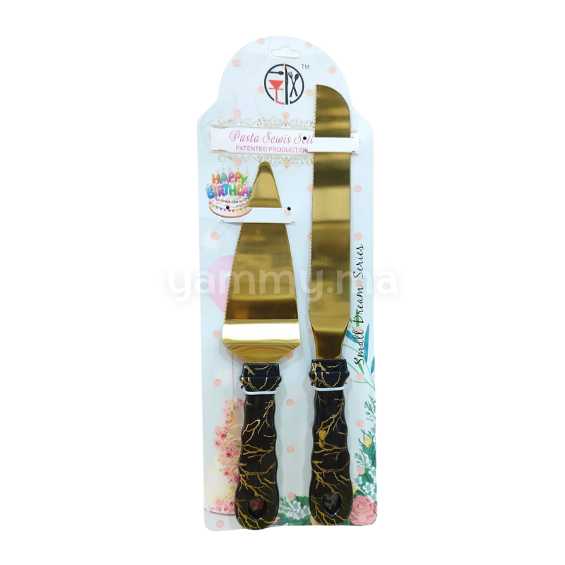 Couteau et Pelle à Gâteau Mariage en Inox Doré & Manche Marbre Noir