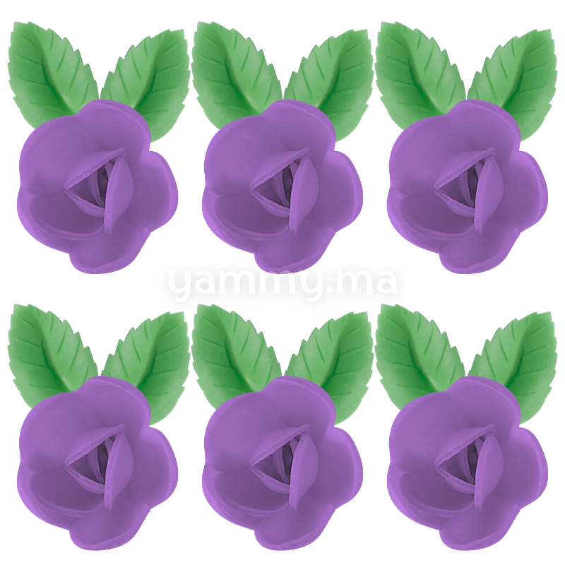 Fleurs de Rose Violettes x6 et Feuilles Vertes x12 en Azyme - Florensuc