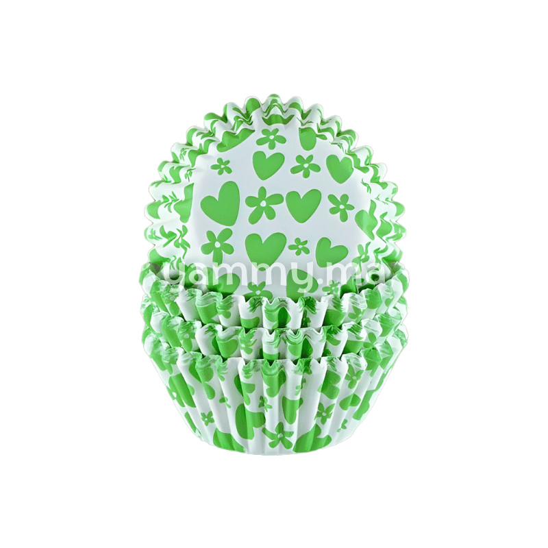 SET. 100 Caissettes à Mini Cupcakes Muffins Coeurs et Fleurs Vert