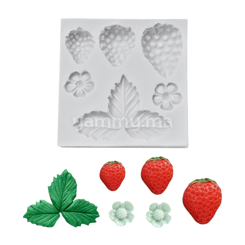 Moule Silicone 3 Fraises, 2 Fleurs et Feuilles