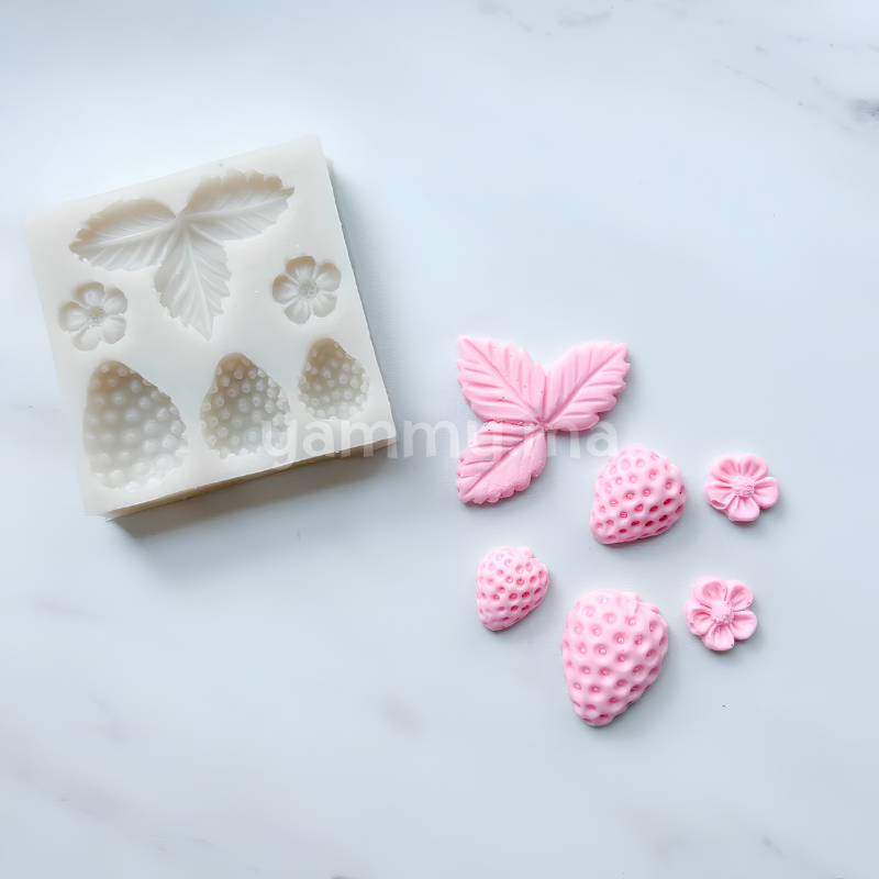 Moule Silicone 3 Fraises, 2 Fleurs et Feuilles