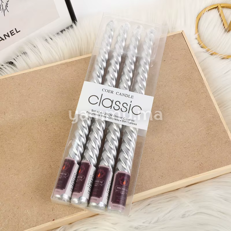 SET. 4 Bougies Coniques en Spirale 25 cm Argent Métallique