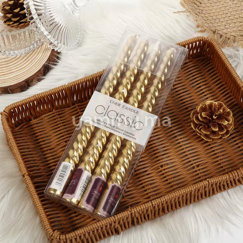 SET. 4 Bougies Coniques en Spirale 25 cm Or Métallique