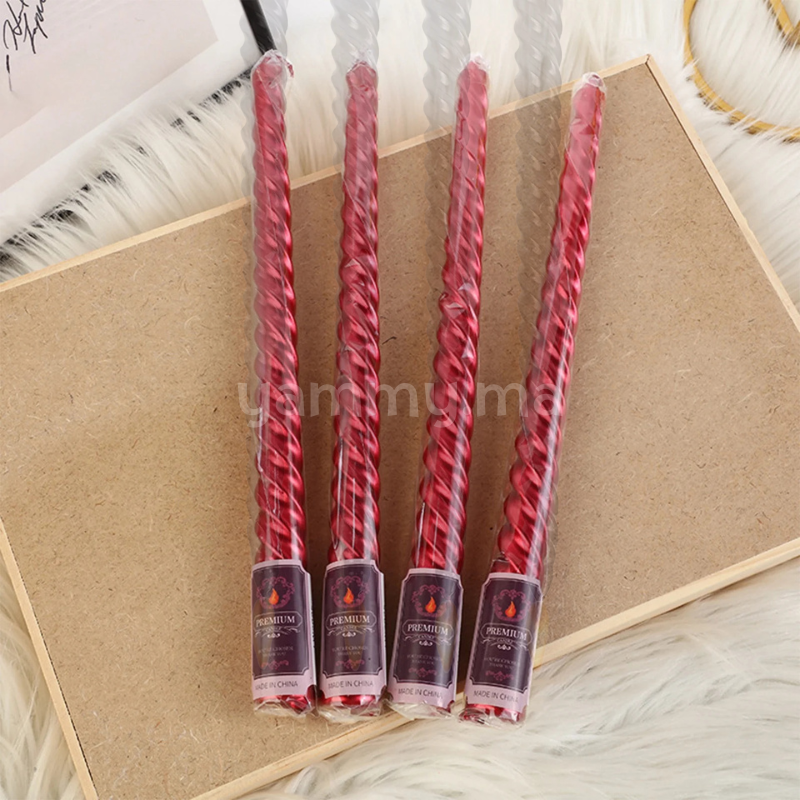 SET. 4 Bougies Coniques en Spirale 25 cm Rouge Métallique