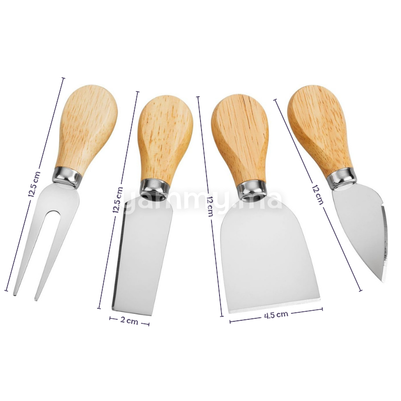 SET. 4 Couteaux à Fromage Manche en Bois 12 cm