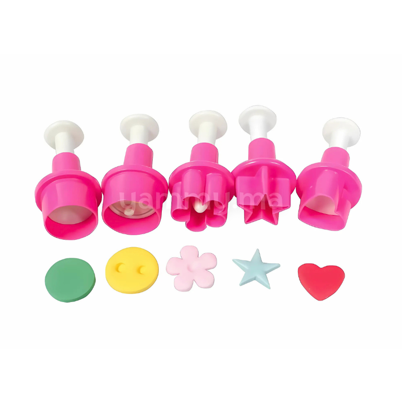 SET. 5 Mini Emporte-pièces avec Poussoir – Étoile, Bouton, Fleur, Cœur, Rond