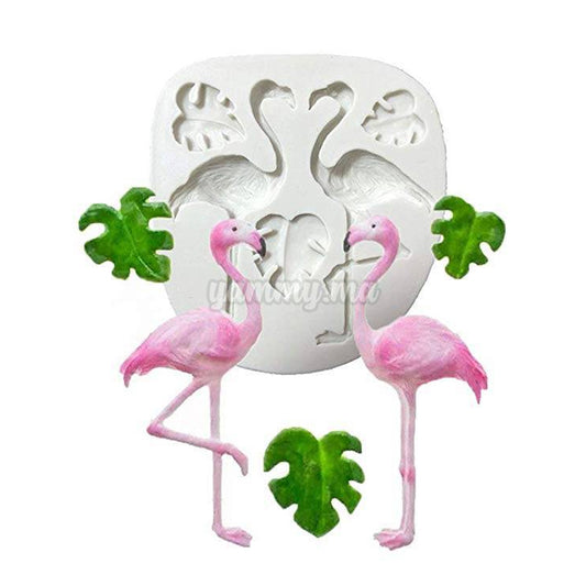 Moule Silicone 2 Flamants Rose et 3 Feuilles Tropicales